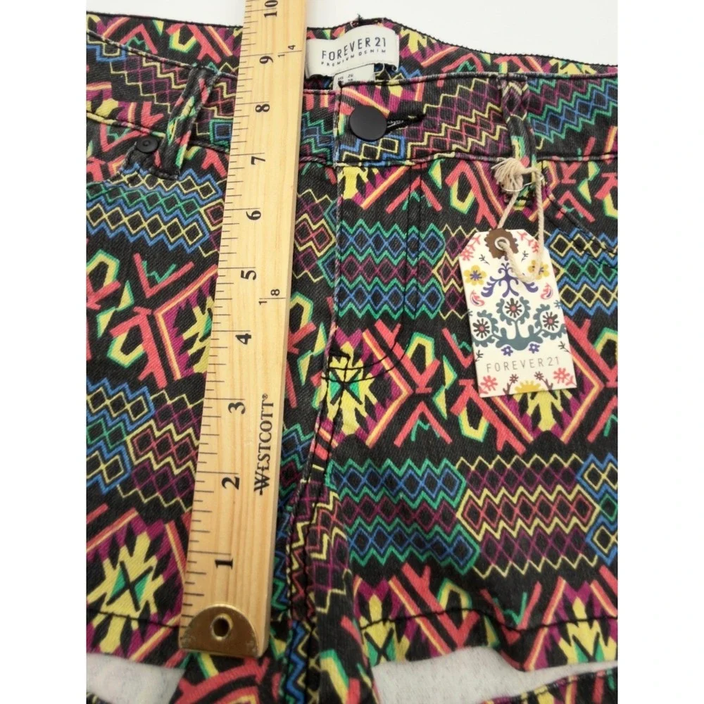 Forever 21 Denim Shorts 28‎ Black Multi Tribal Print Geometric Hipster Festival